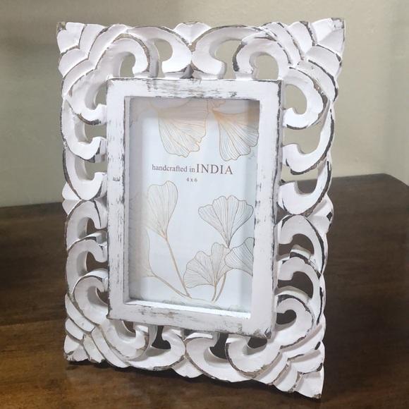 Wood Photo Frame 4x6 Handcrafted India Cottage Chic Farmhouse White Distressed - Picture 6 of 6